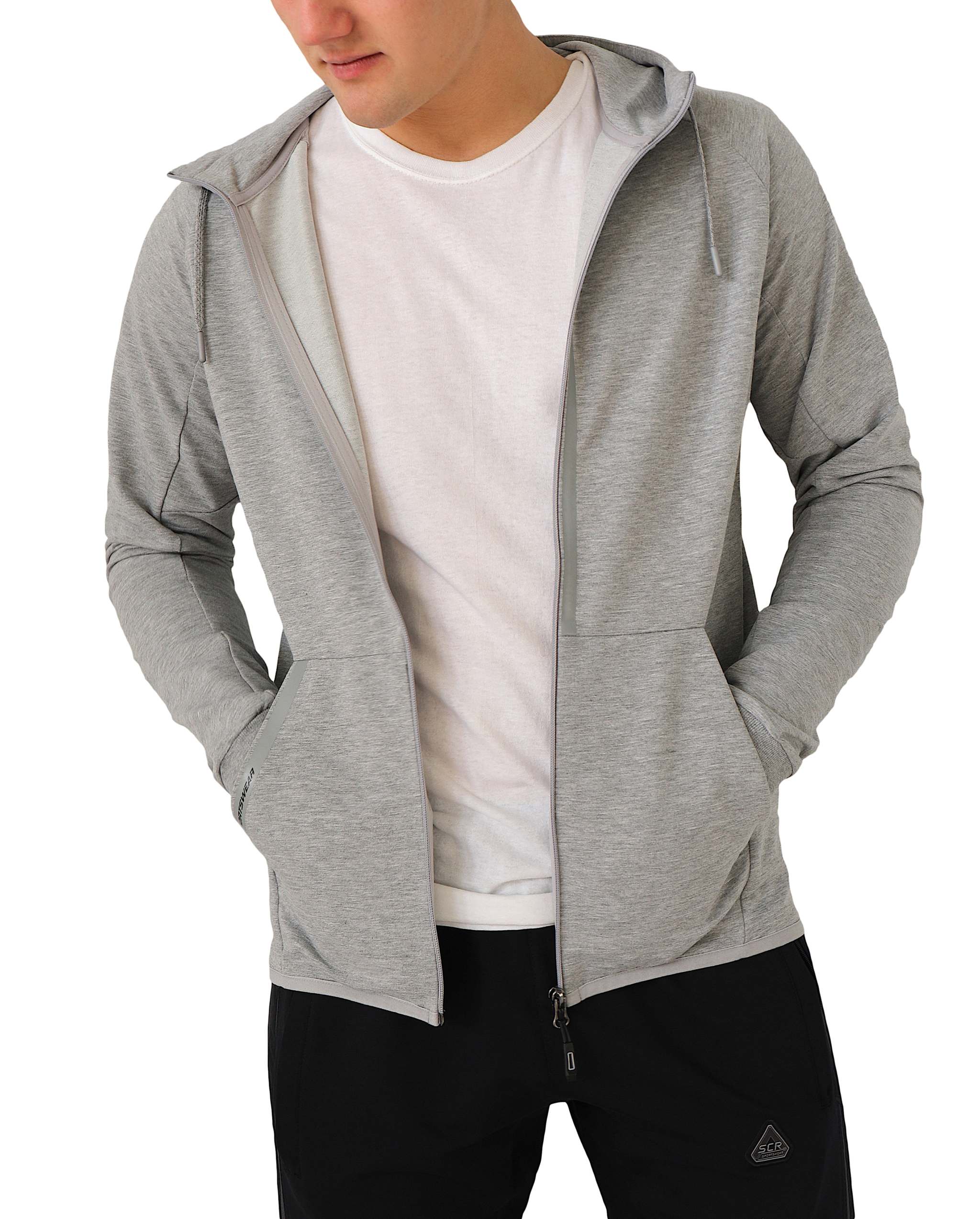 All-Day Comfort Hooded Sweatshirt in heather gray with soft knit fabric, full zip, drawstring hood and front pockets