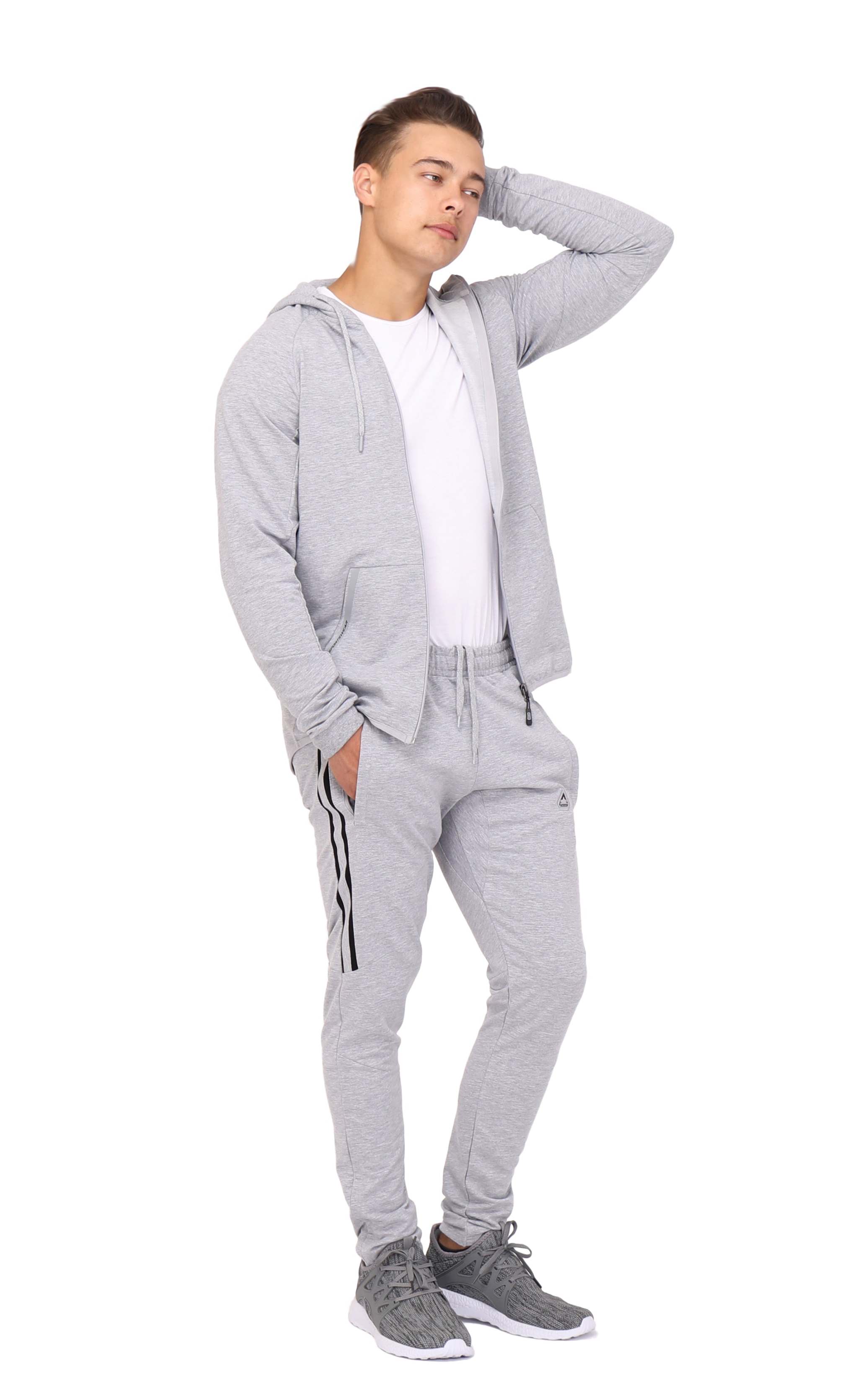 All-Day Comfort Hooded Sweatshirt in light gray with a full zip, hood, and matching joggers featuring black side stripes