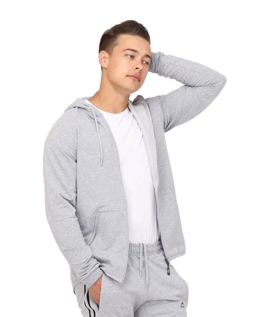 All-Day Comfort Hooded Sweatshirt in light gray heathered fabric, with a full zip, drawstring hood, and kangaroo pockets
