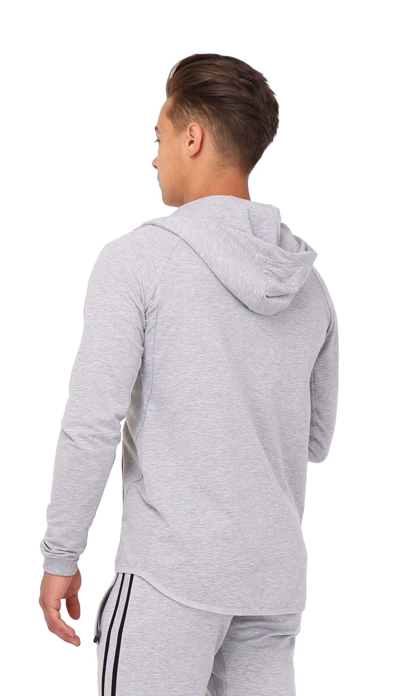 All-Day Comfort Hooded Sweatshirt in light grey heather fabric with a hood, long sleeves and a curved drop-cut hem