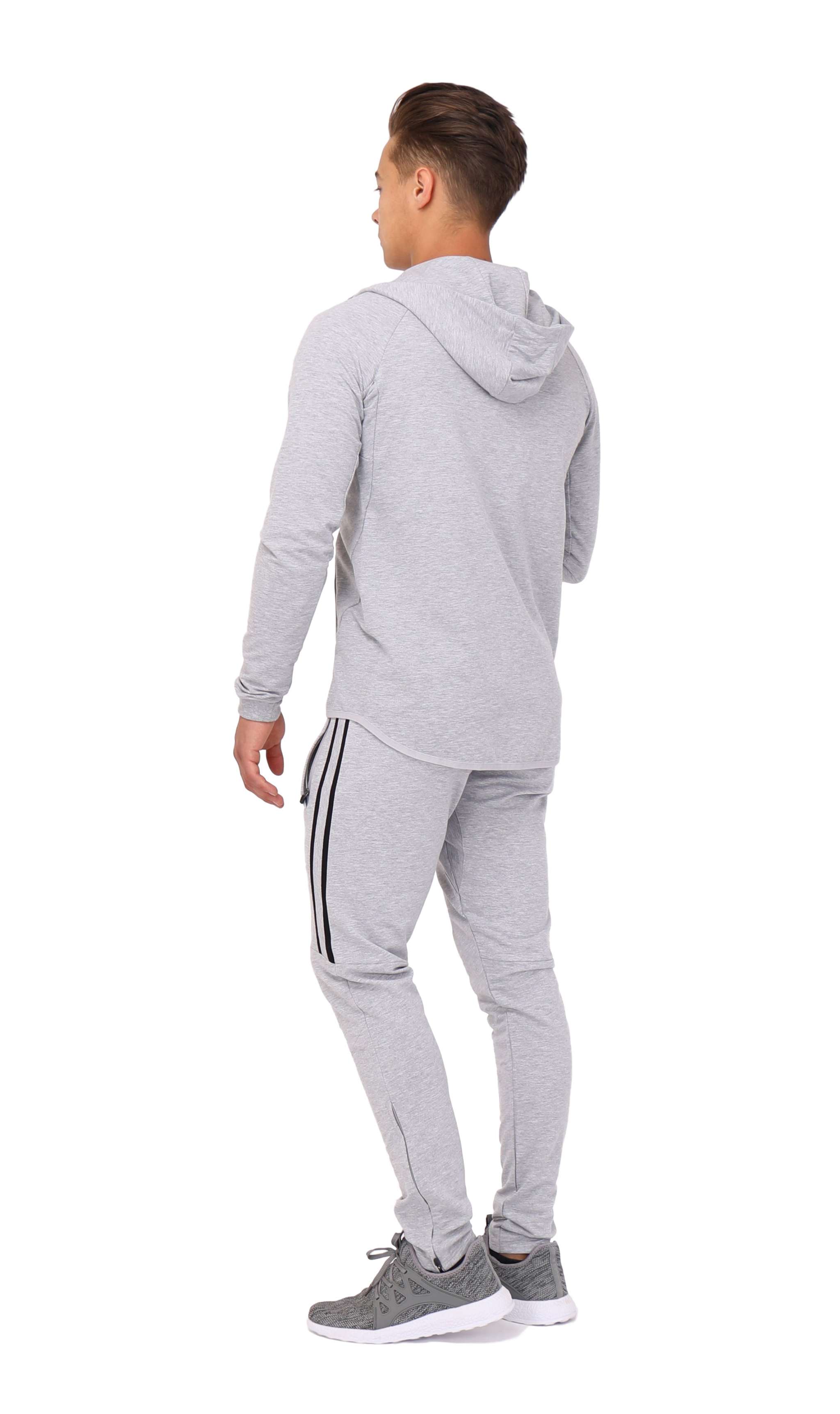 All-Day Comfort Hooded Sweatshirt in light grey, worn with matching slim-fit joggers and featuring a hood and long sleeves