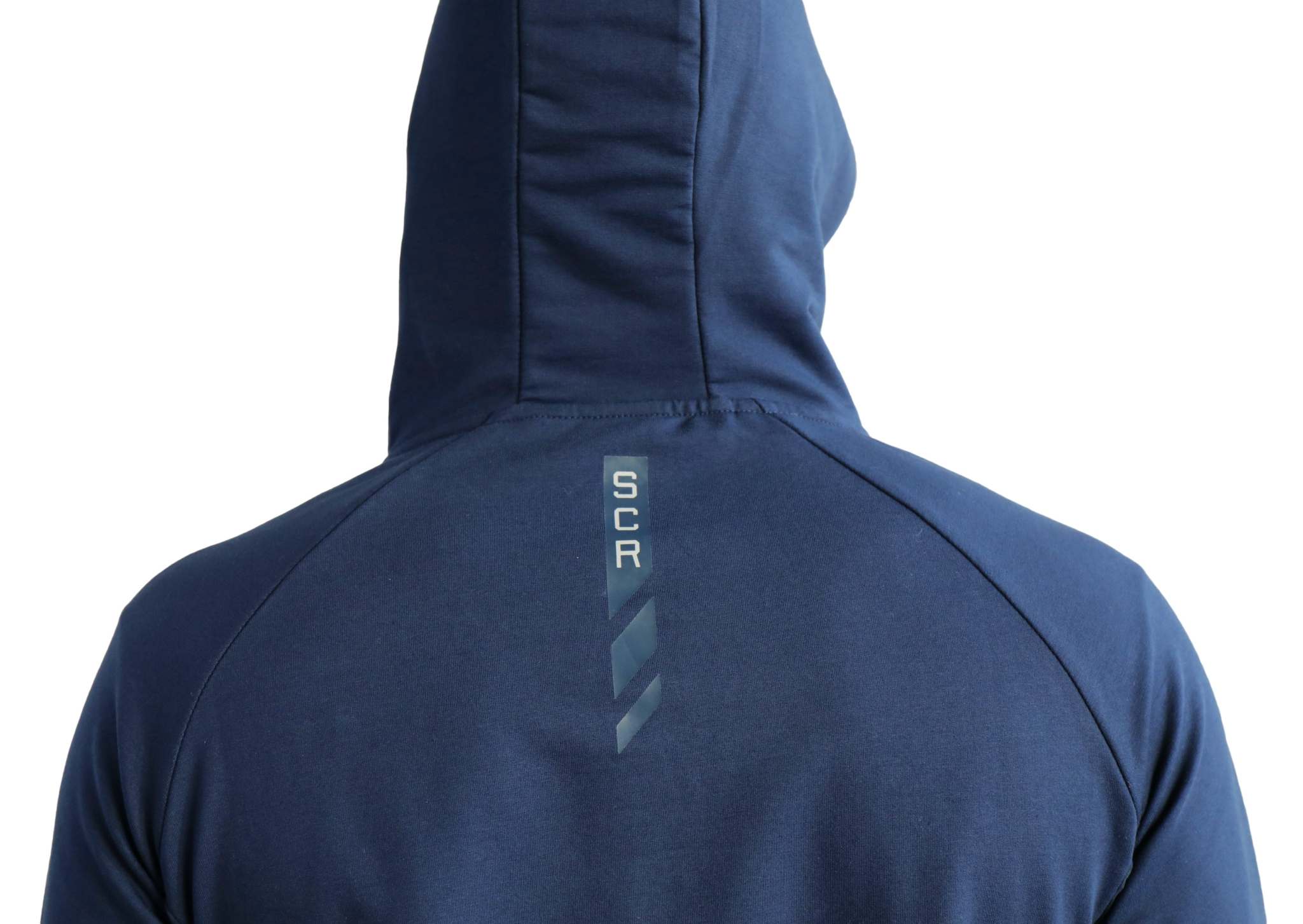 All-Day Comfort Hooded Sweatshirt in navy blue soft fabric, shown from the back with a hood and subtle vertical graphic