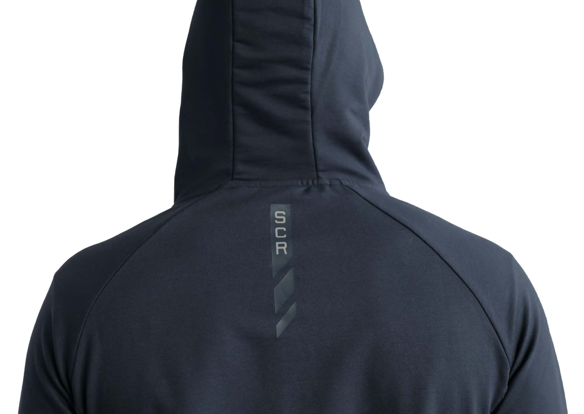 All-Day Comfort Hooded Sweatshirt in dark navy, showing a soft fabric hood and subtle vertical logo detail on the back