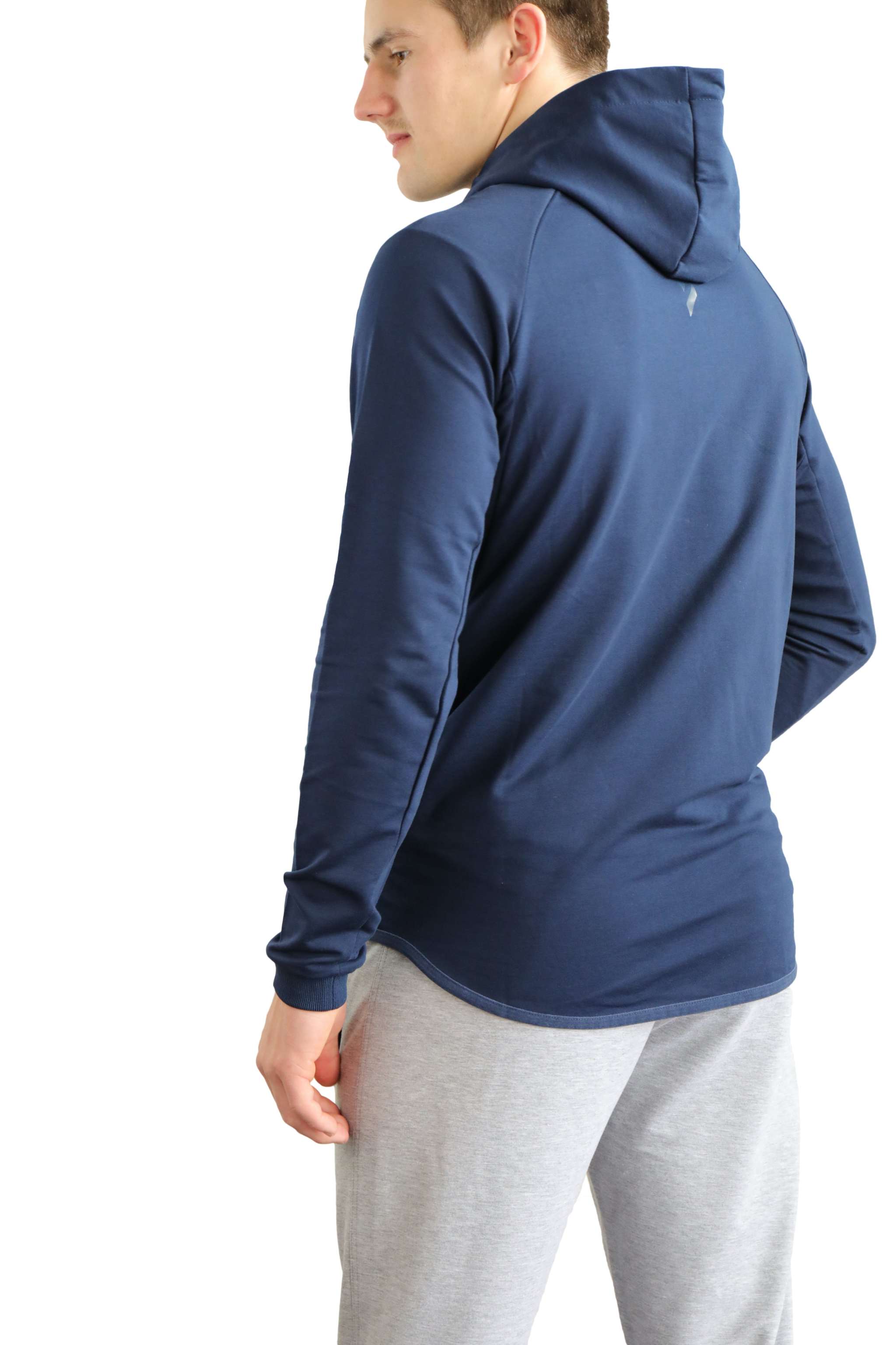 All-Day Comfort Hooded Sweatshirt in navy blue, with a soft-looking fabric, long sleeves, hood and curved drop-cut hem