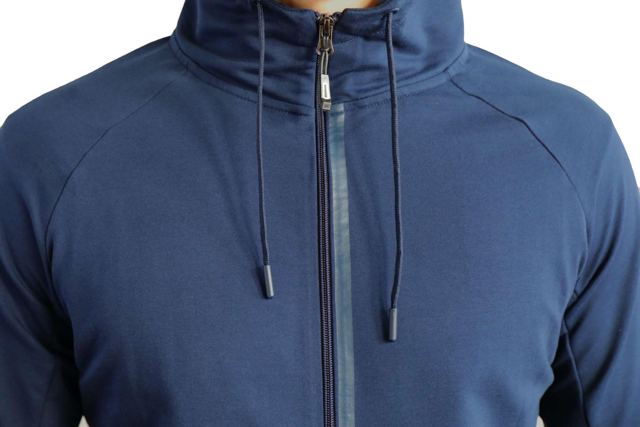 All-Day Comfort Hooded Sweatshirt in solid navy blue fabric, featuring a full front zipper, drawstrings and stand collar