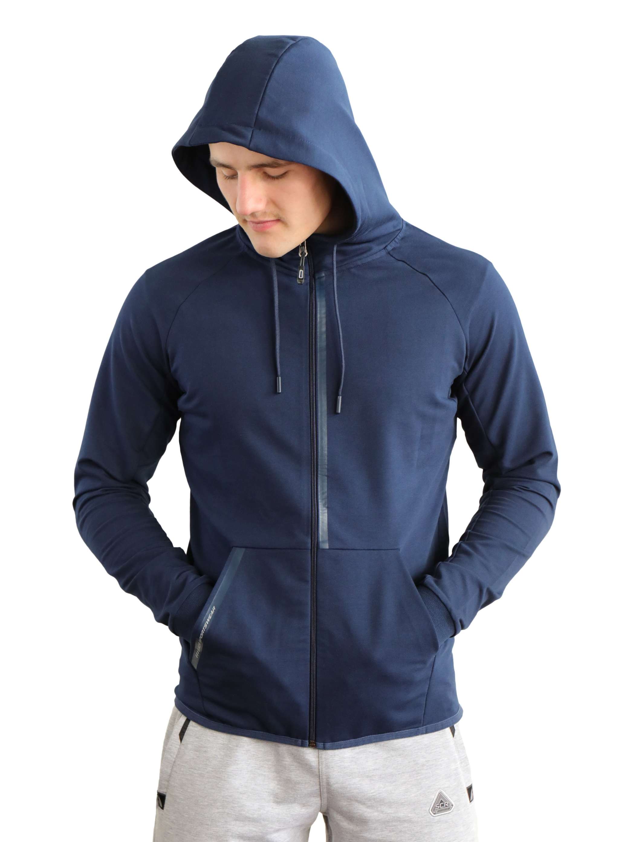 All-Day Comfort Hooded Sweatshirt in navy blue, with a full-length front zipper, drawstring hood and split kangaroo pockets