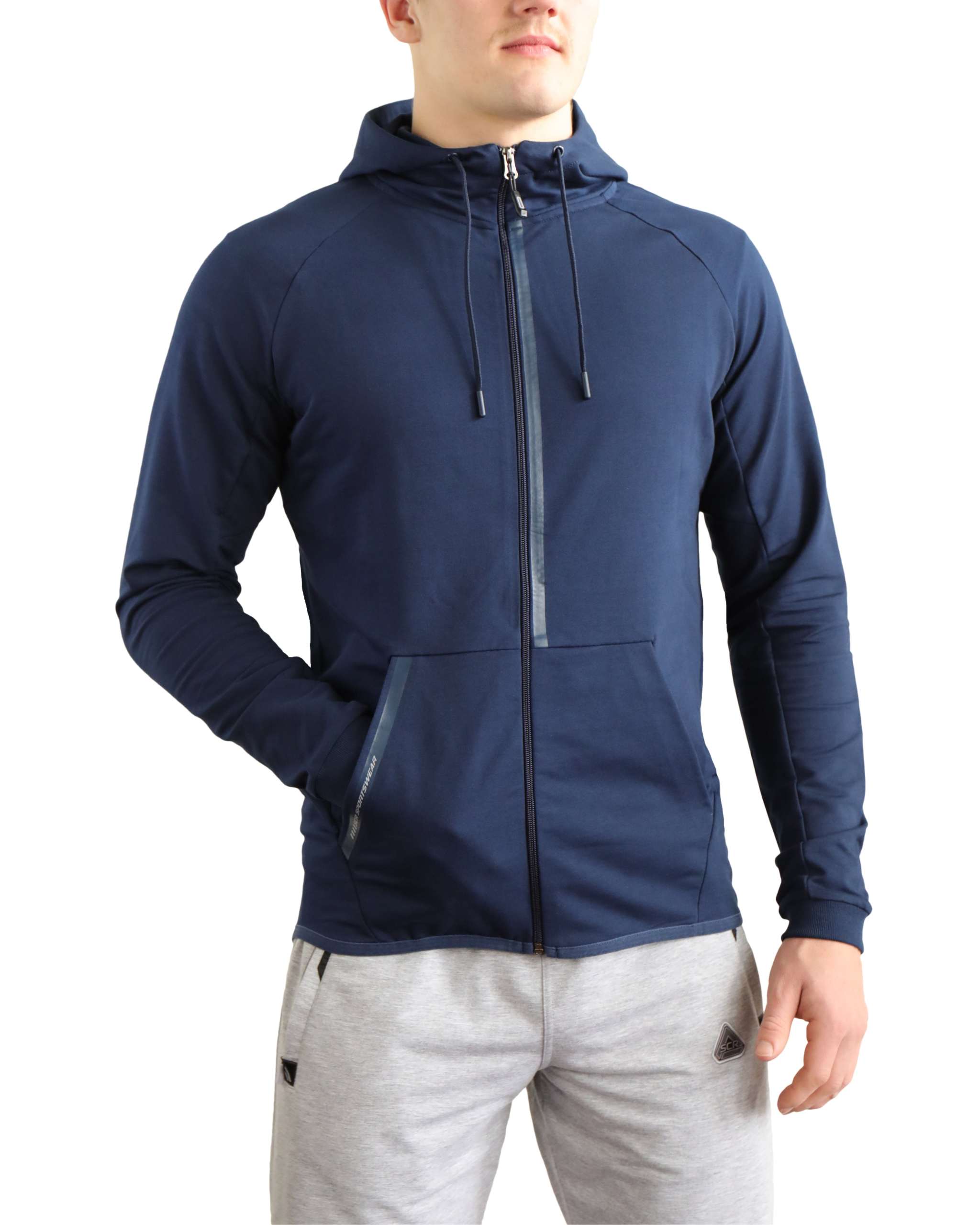 All-Day Comfort Hooded Sweatshirt in navy blue, with a full front zipper, drawstring hood and zippered pockets