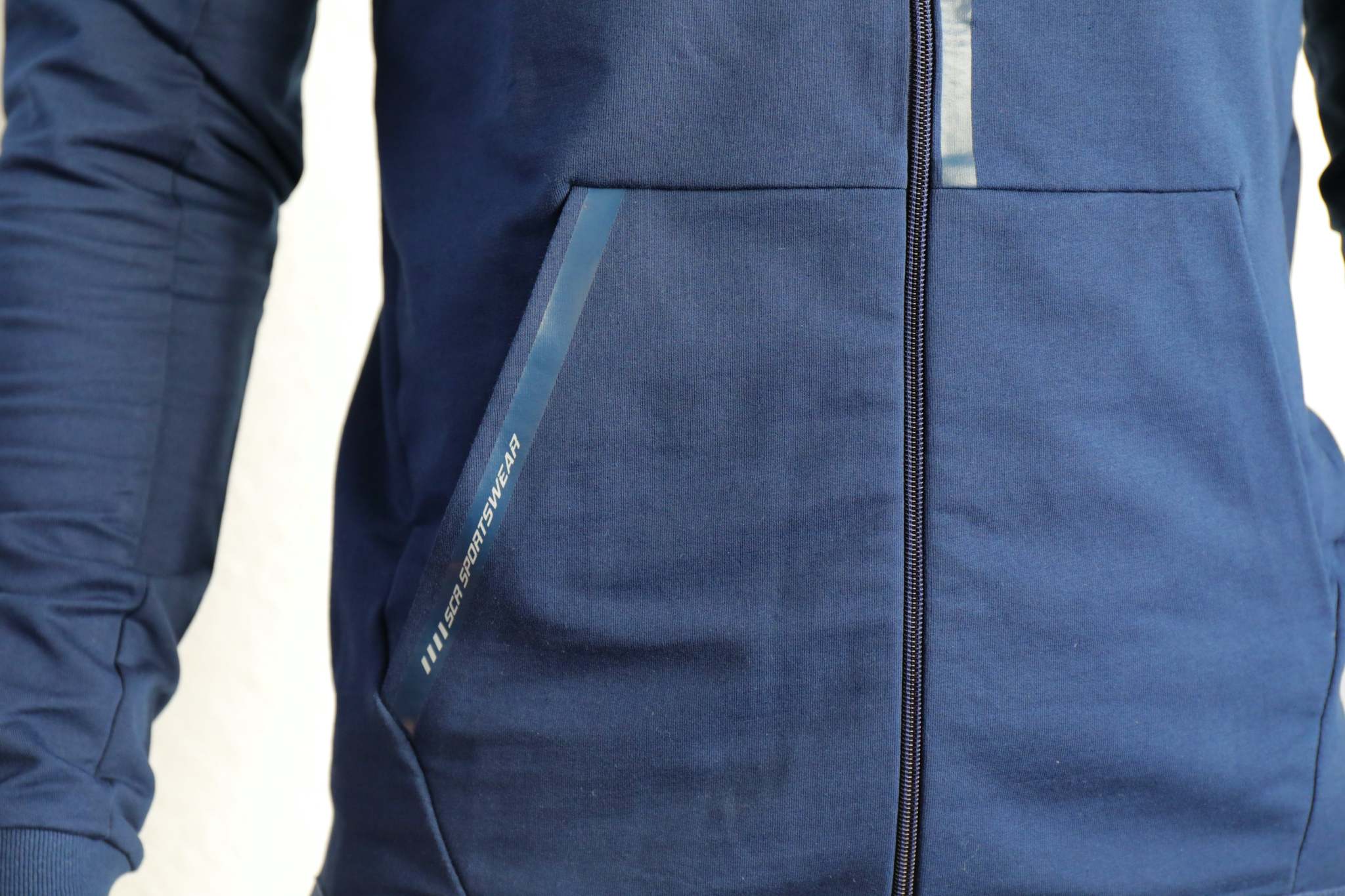 All-Day Comfort Hooded Sweatshirt in navy blue with soft fabric, full front zipper and split kangaroo pockets