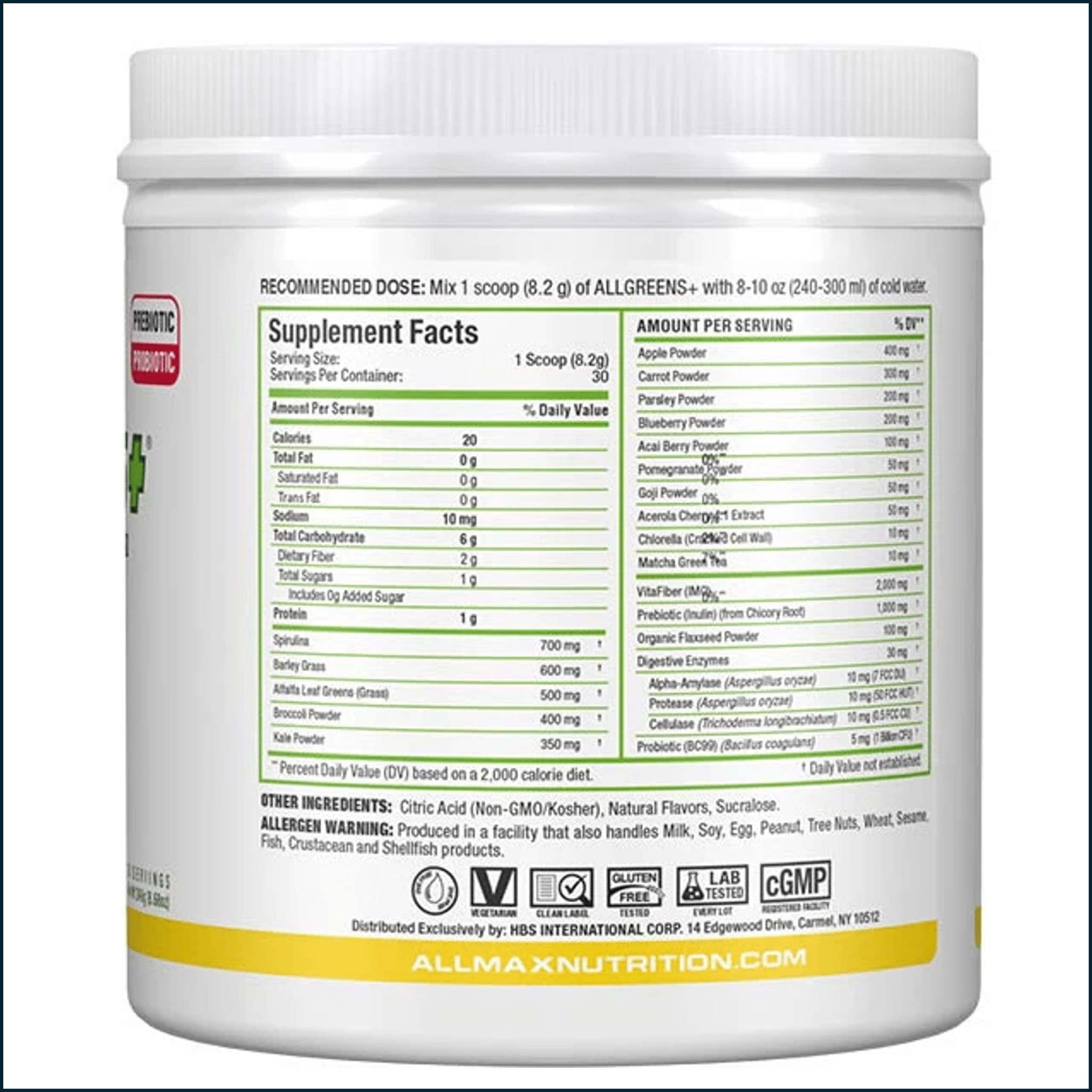 AllMax AllGreens+ greens powder in a white plastic tub, with a wraparound Supplement Facts label and yellow base stripe.
