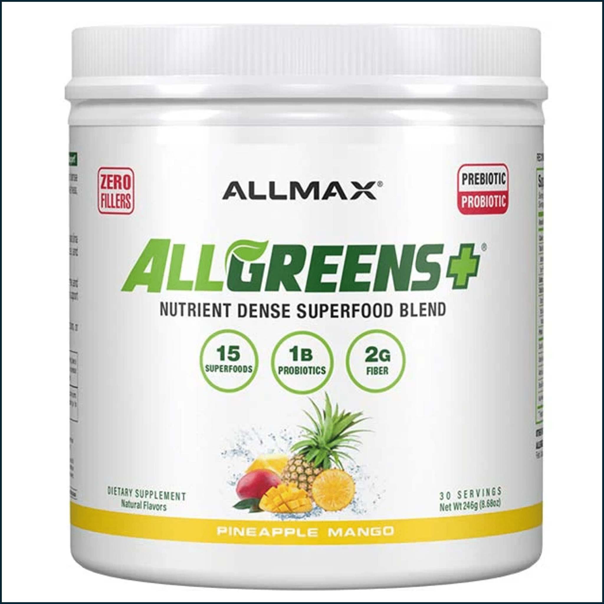 Greens superfood supplement tub in white plastic with green and yellow label, AllMax AllGreens+ pineapple mango blend, 30 servings.