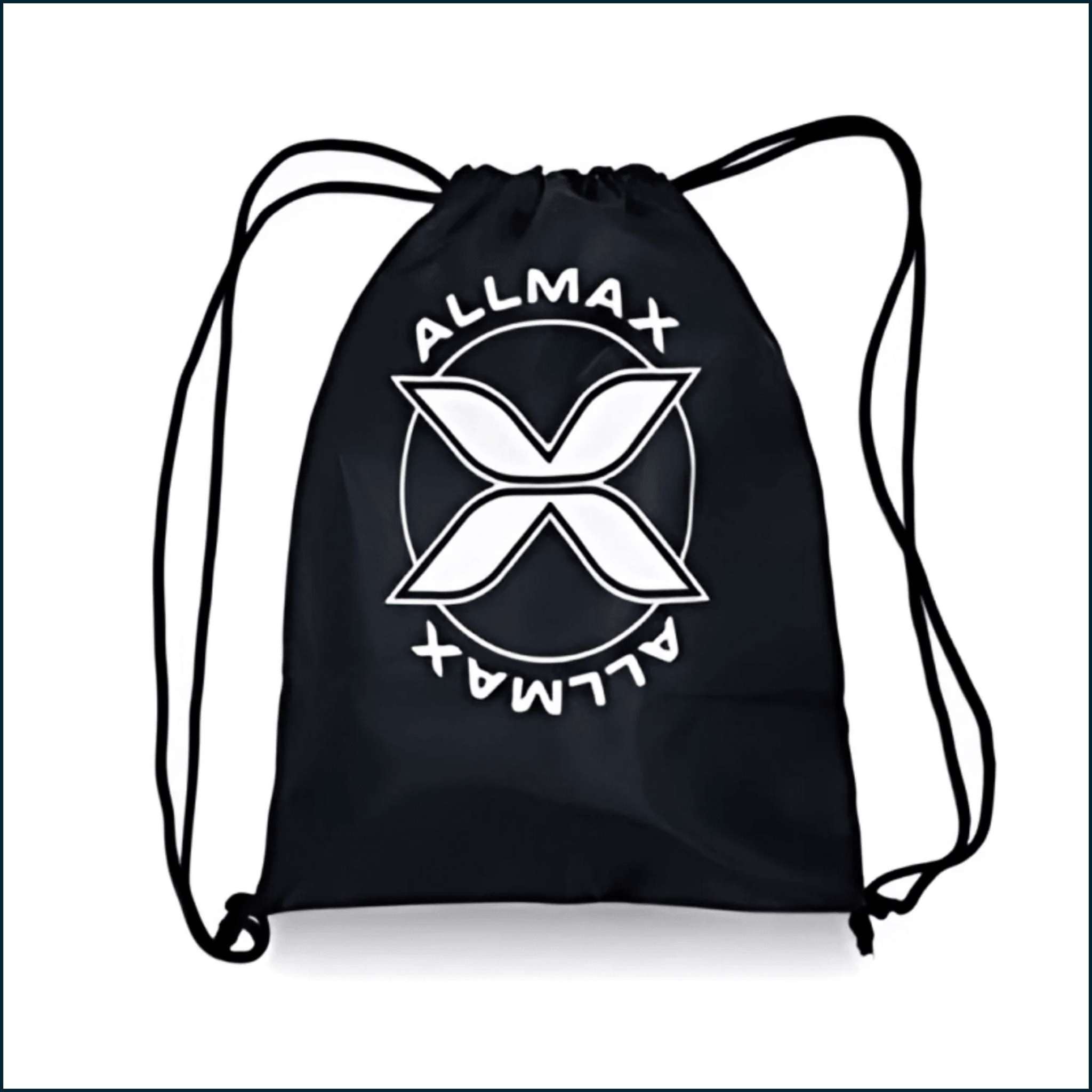 AllMax Drawstring Bag in black fabric with a cinch top, long cord straps, and a bold white logo