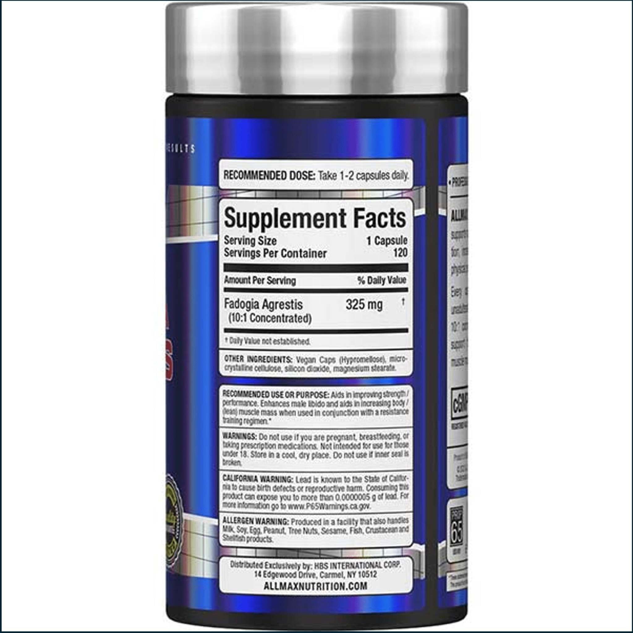 Allmax Fadogia Agrestis supplement bottle with a blue and black label, silver cap, and visible 325 mg facts panel