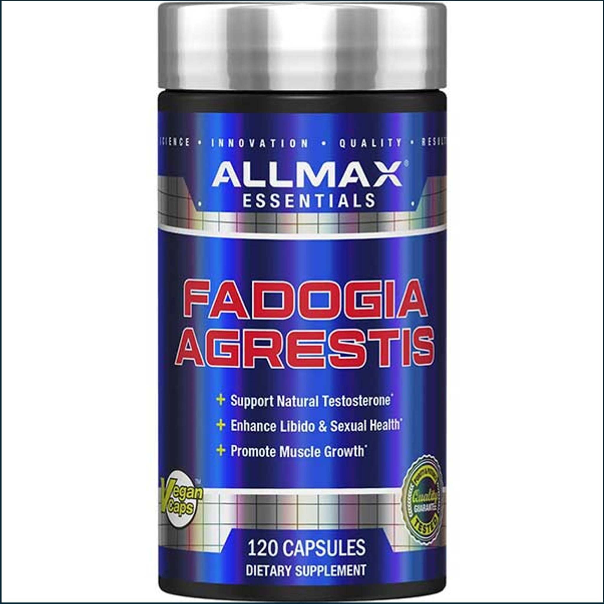 Allmax Fadogia Agrestis supplement bottle with a blue and purple label, silver cap, and 120 capsules
