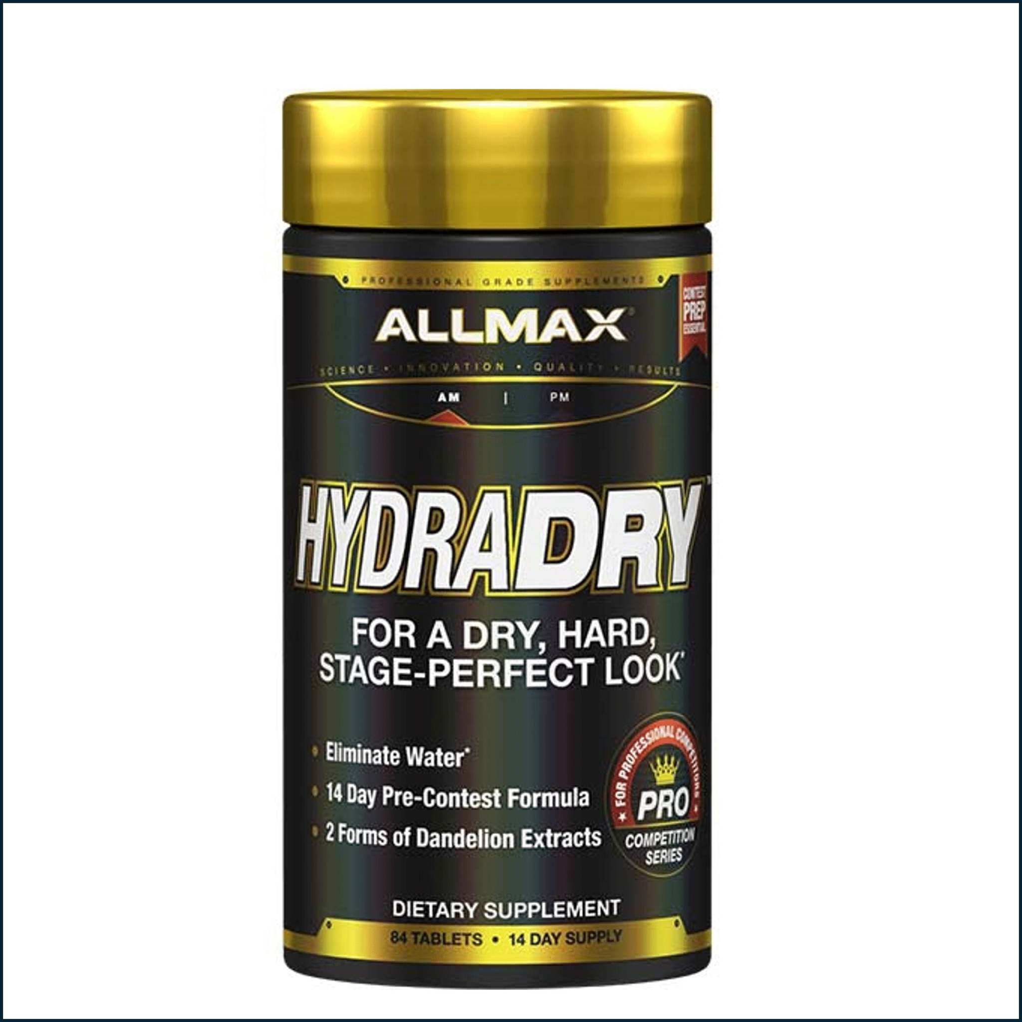 Allmax HydraDry water loss system in a black supplement bottle with a metallic gold lid and bold white lettering