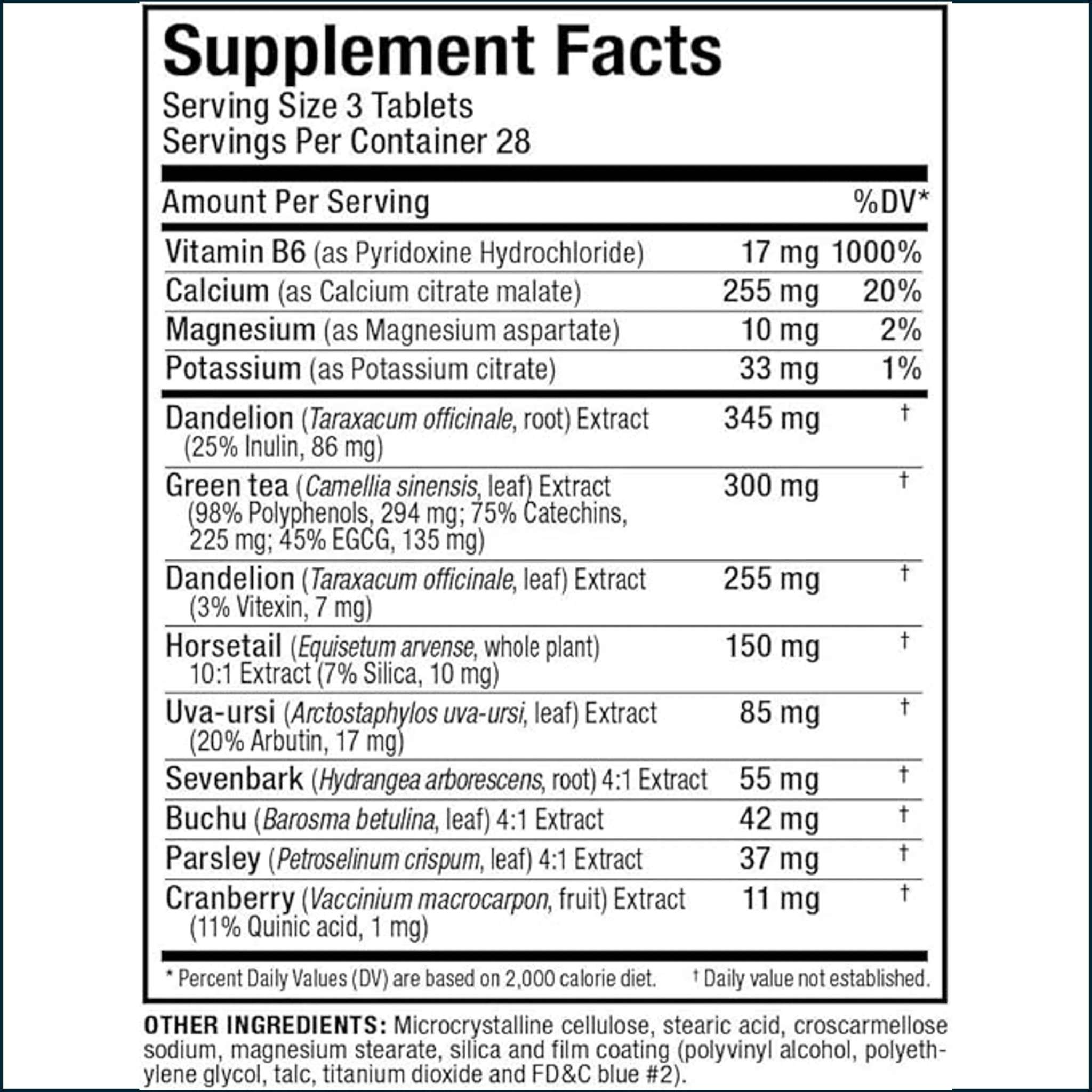 Allmax HydraDry water loss system supplement facts label listing serving size, vitamins, minerals and botanical extracts