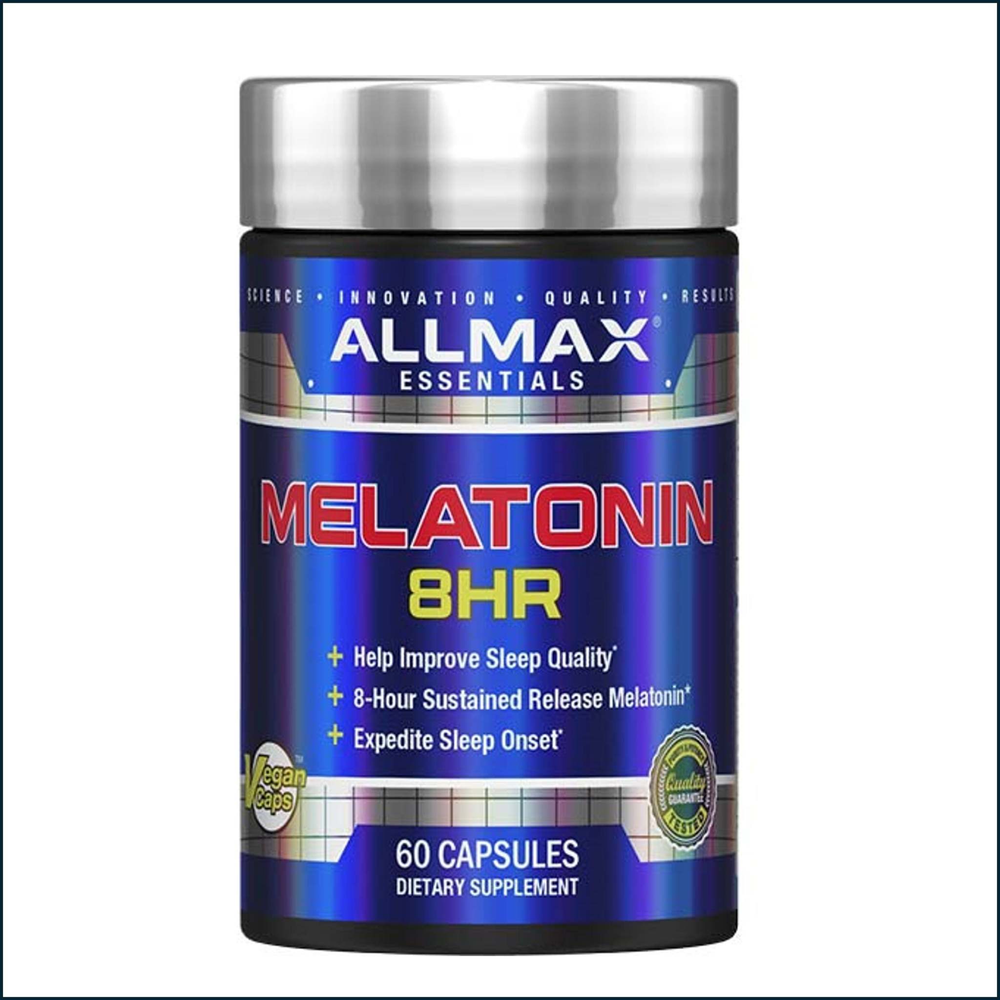 Allmax Melatonin 8HR Capsules in a dark blue bottle with a silver cap, colorful label, and 60-capsule count.