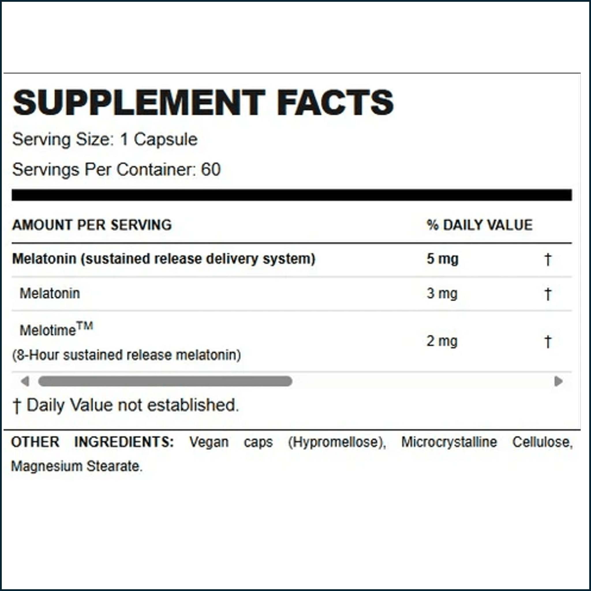 Allmax Melatonin 8HR Capsules supplement facts label, black text on white showing 5 mg melatonin and 60 servings.