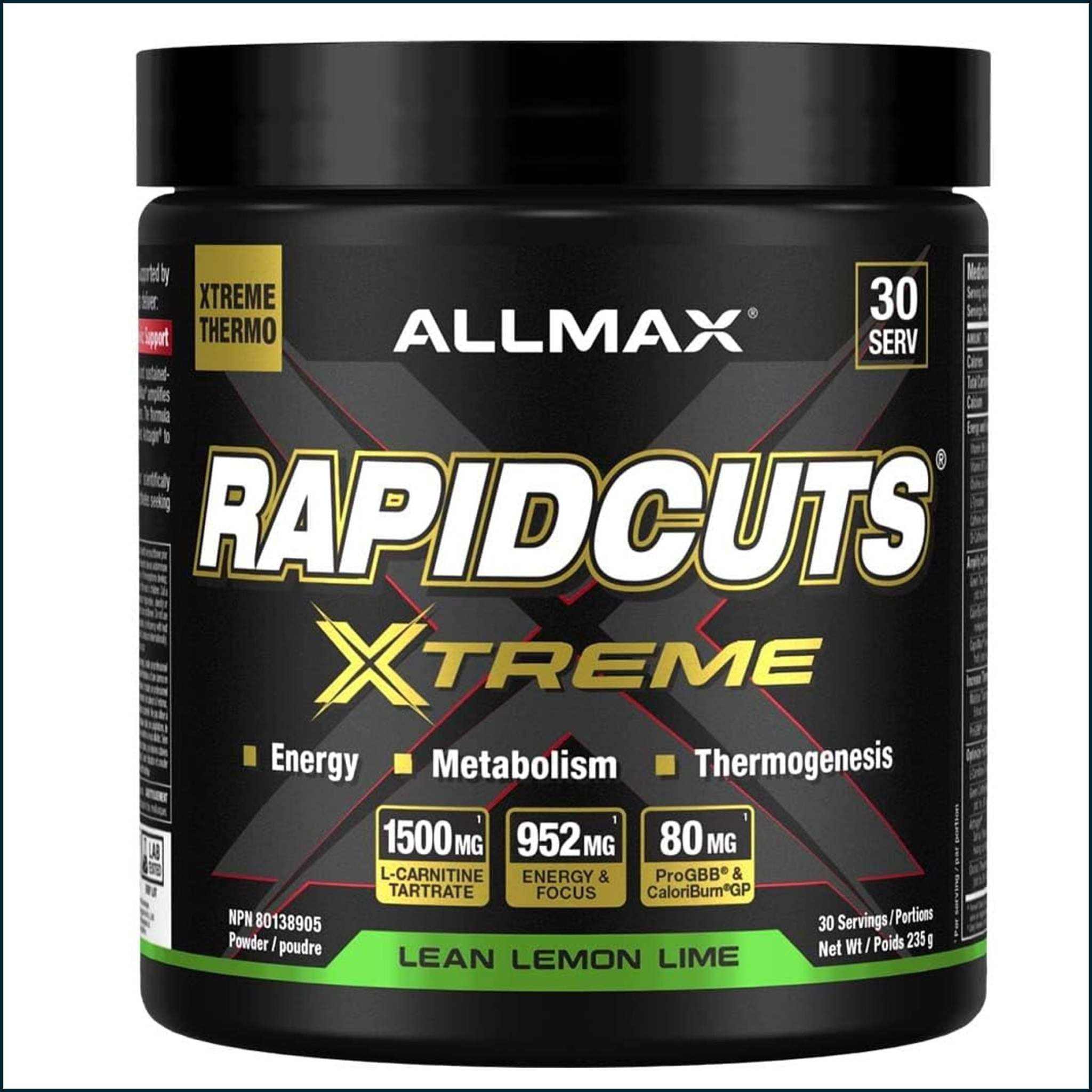 AllMax Rapid Cuts Extreme Powder in a black tub with bold yellow and white label, lemon lime flavour and 30 servings