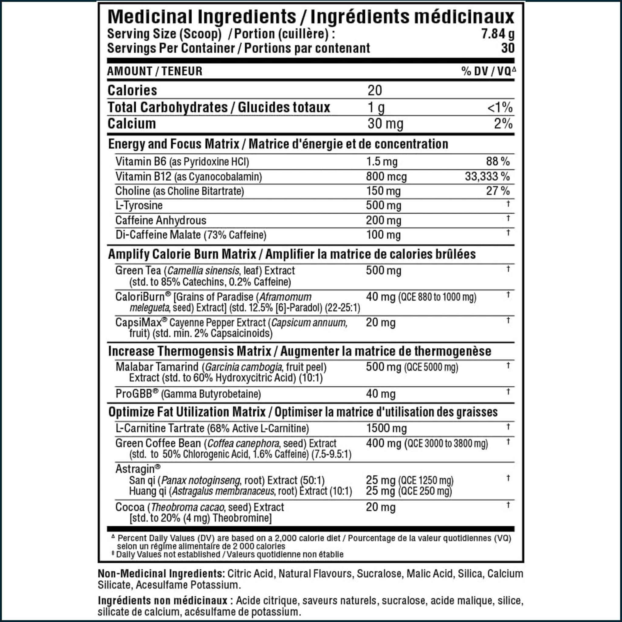 AllMax Rapid Cuts Extreme Powder supplement facts label showing serving size, 30 servings, and ingredient amounts