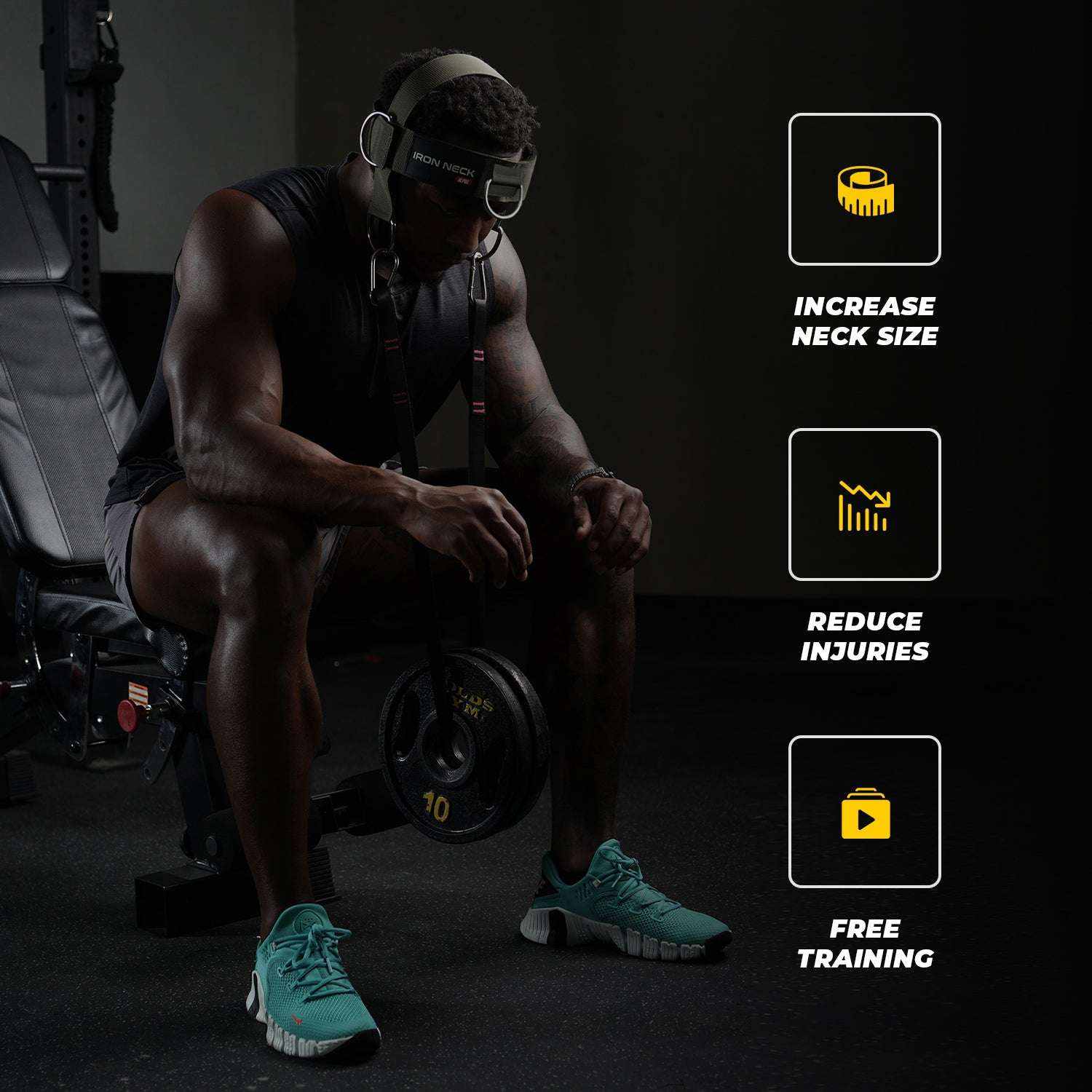 Alpha Neck Training Harness with heavy-duty clips and nylon tether for weighted exercises