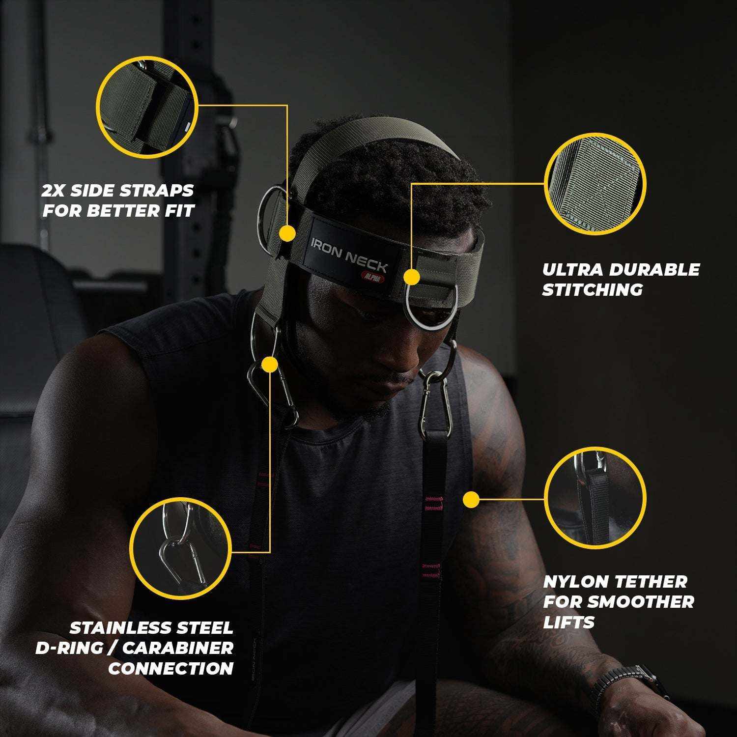 Alpha neck training harness with heavy-duty D-rings and nylon tether strap
