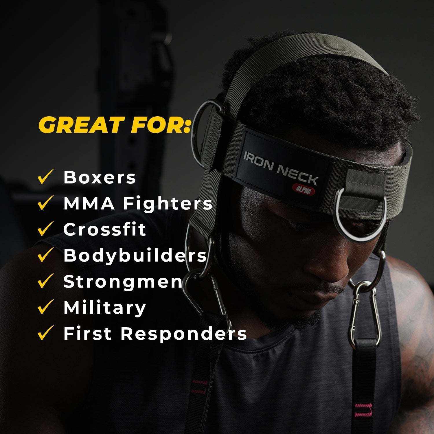 Alpha neck training harness with clips and tether strap for weighted exercises