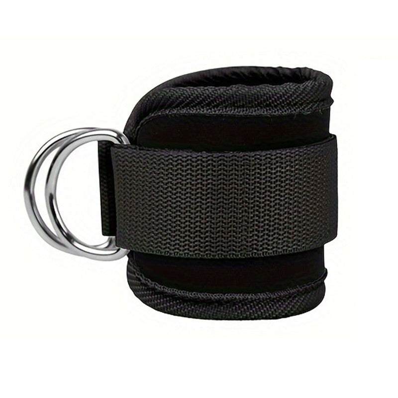 Black ankle strap resistance band with silver metal D-ring buckle and thick padded adjustable nylon strap