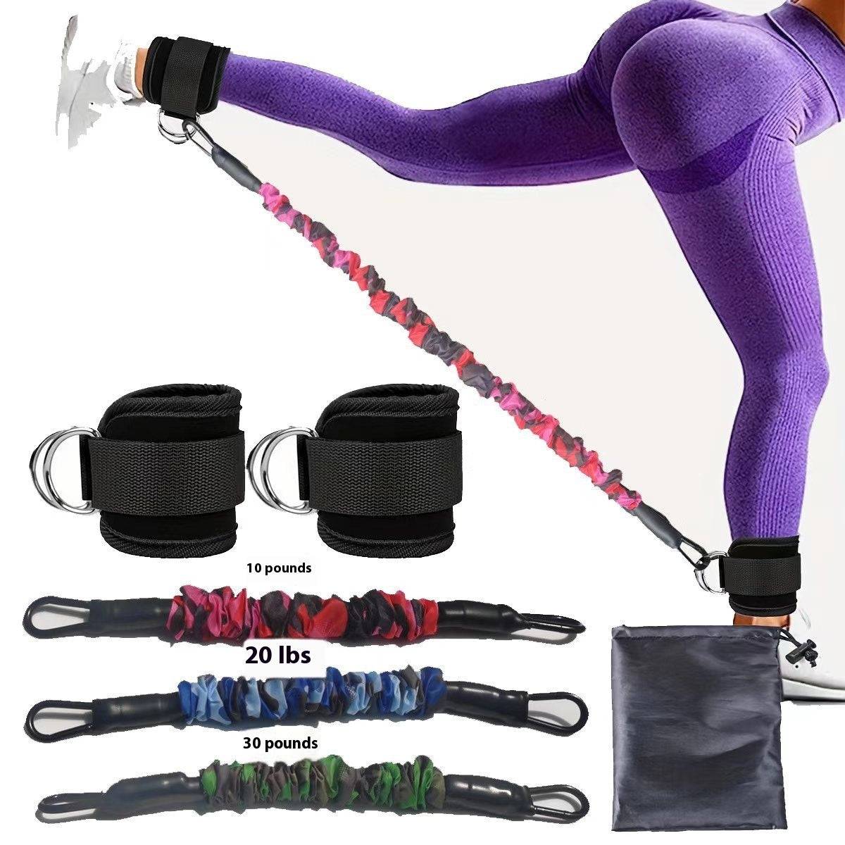 Ankle Strap Resistance Bands set with black adjustable ankle straps and elastic bands in red, blue, and green camouflage patterns for hip and leg strength training