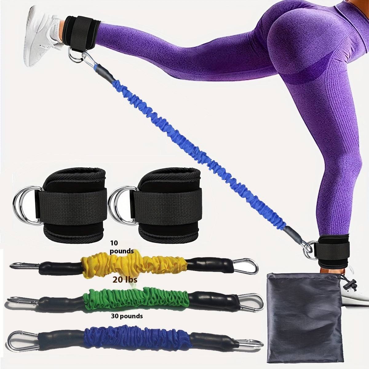 Ankle Strap Resistance Bands set featuring black adjustable ankle straps, three elastic tubes in yellow, green, blue offering 10, 20, 30 pounds resistance, and a black storage pouch, used for leg and hip strength training