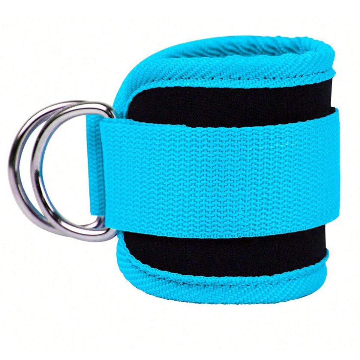 Ankle Strap Resistance Bands in bright blue neoprene with black inner lining and silver metal D-ring buckle for secure fit
