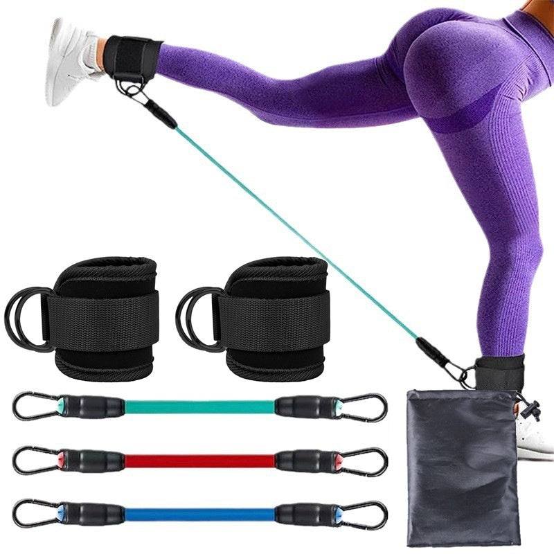 Ankle Strap Resistance Bands set with black adjustable straps and three elastic bands in green, red, and blue for leg and hip workouts