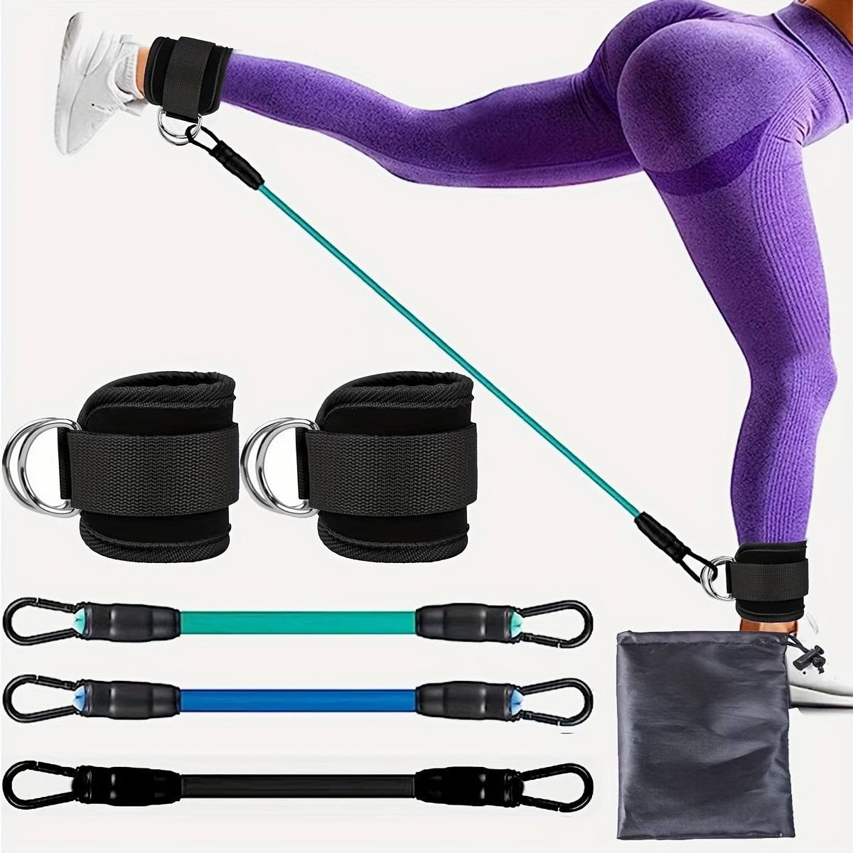 Ankle Strap Resistance Bands set with black adjustable straps, three elastic bands in green, blue, and black, designed for leg and hip workouts.