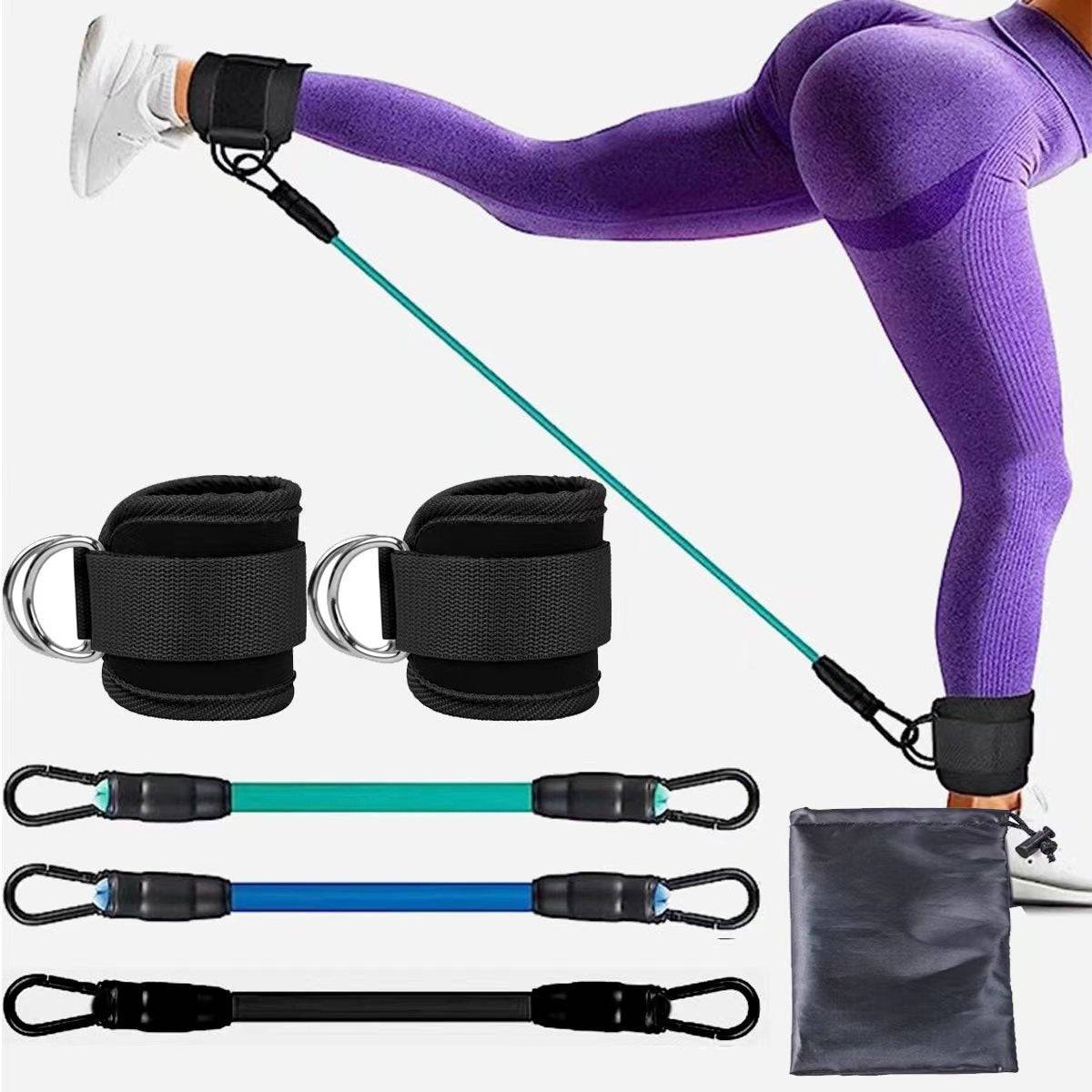 Ankle Strap Resistance Bands set with black adjustable ankle straps and three elastic bands in turquoise, blue, and black with carrying pouch