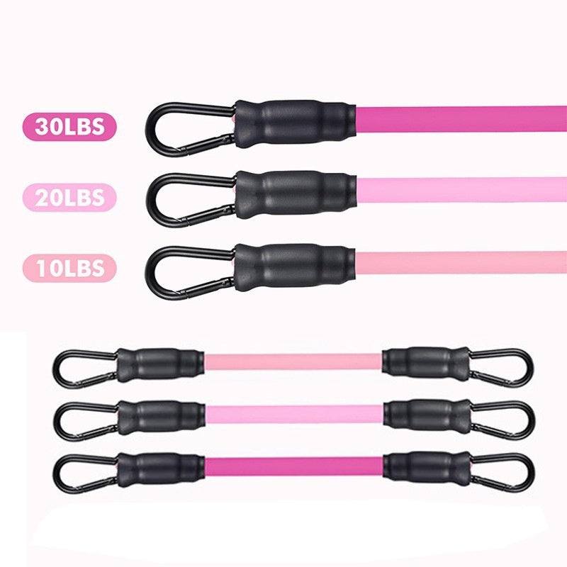 Ankle Strap Resistance Bands set in pink shades with black clips, showing 10lbs, 20lbs, and 30lbs resistance levels for fitness training