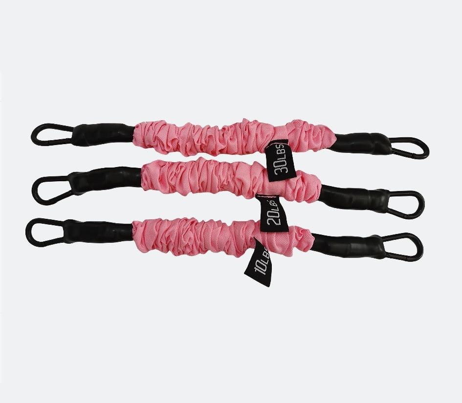 Ankle Strap Resistance Bands set in pink with black handles featuring 10lb, 20lb, and 30lb resistance labels for strength training