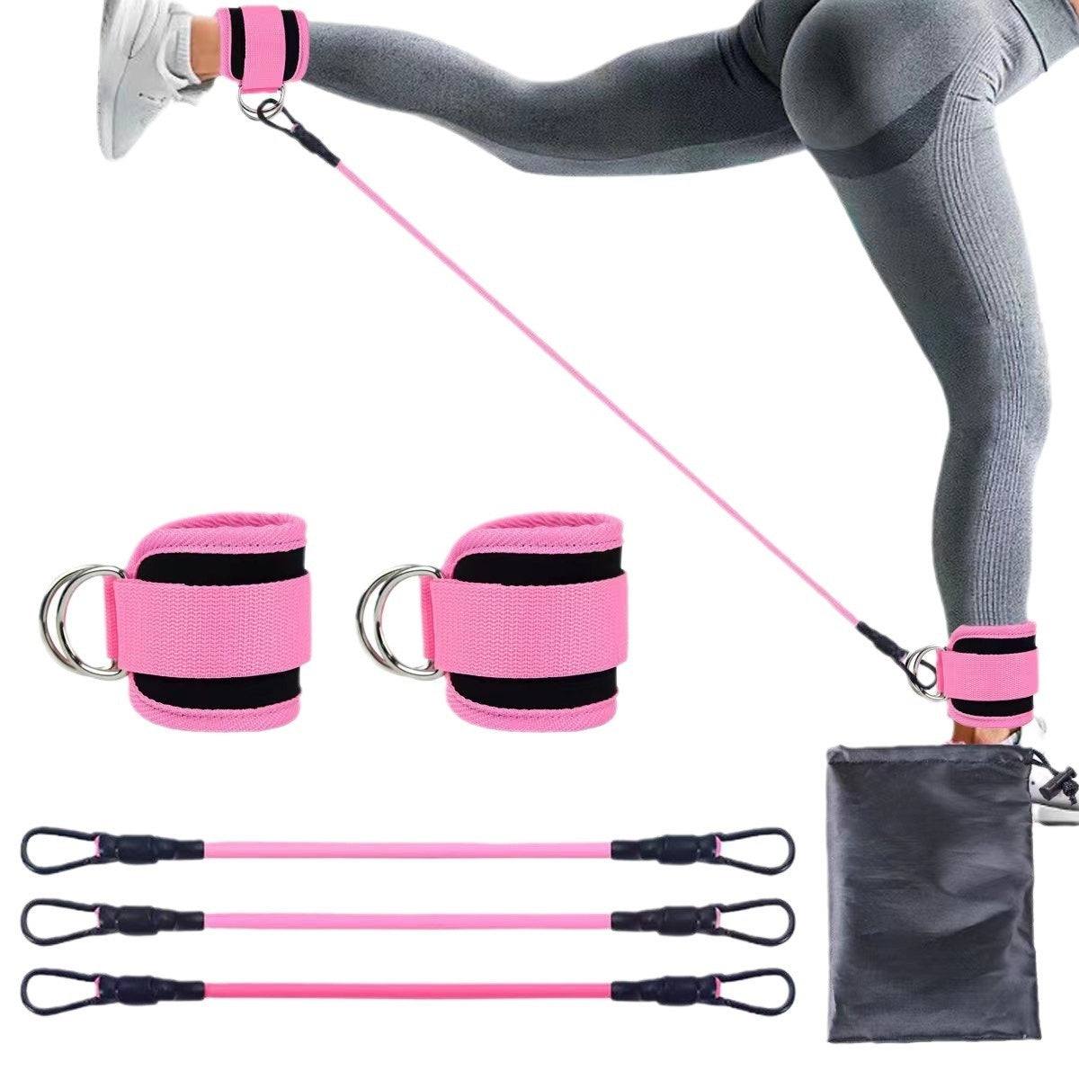 Ankle Strap Resistance Bands in pink with adjustable straps and silver metal rings, shown in use and with three elastic bands and a black carry pouch
