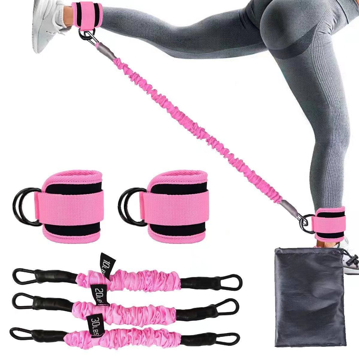 Ankle Strap Resistance Bands pink elastic workout bands with adjustable black buckles, used for leg and hip strength training