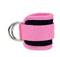 Ankle Strap Resistance Bands featuring a pink soft fabric strap with sturdy silver metal D-ring for leg training