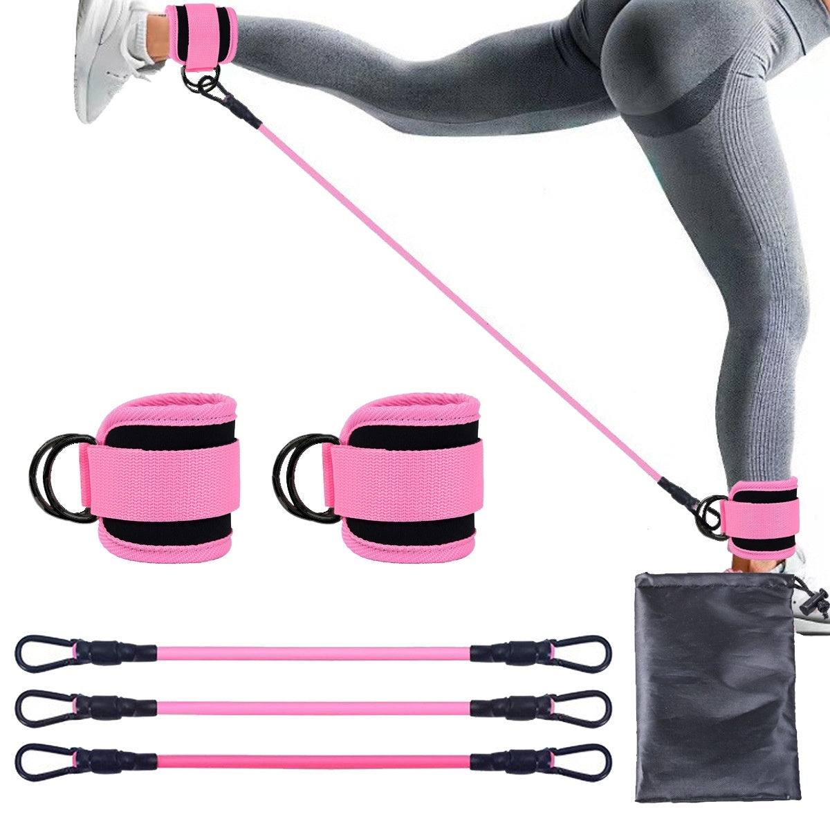 Ankle Strap Resistance Bands set in pink with black trim, featuring adjustable ankle straps and elastic pull ropes for leg workouts.
