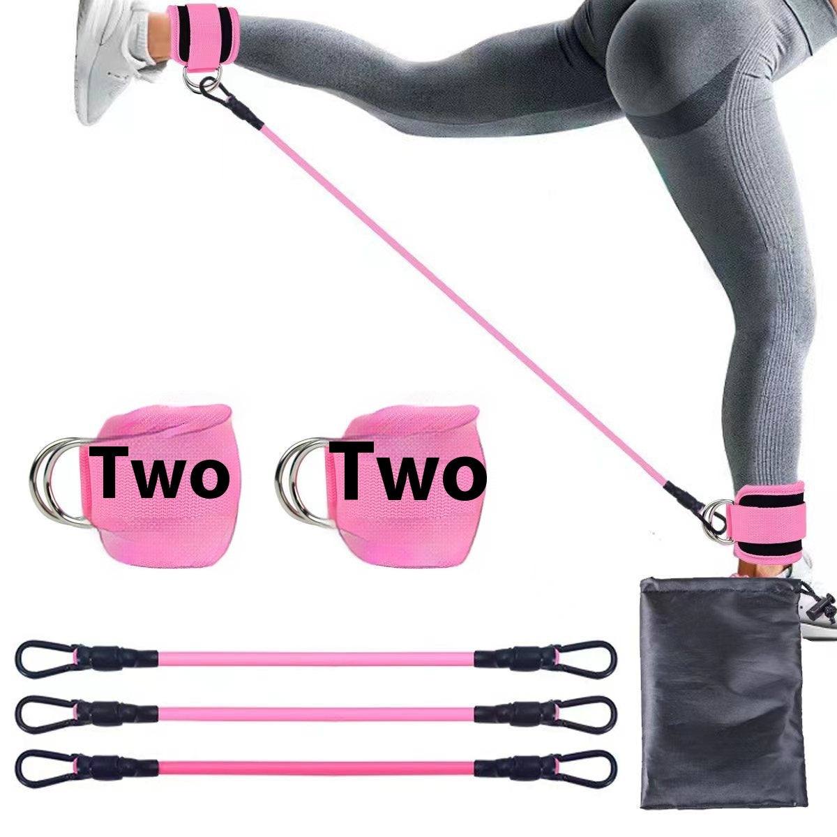 Ankle Strap Resistance Bands in bright pink with silver buckles and black clip connectors, made of elastic material, shown in use with ankle straps and three resistance tubes.