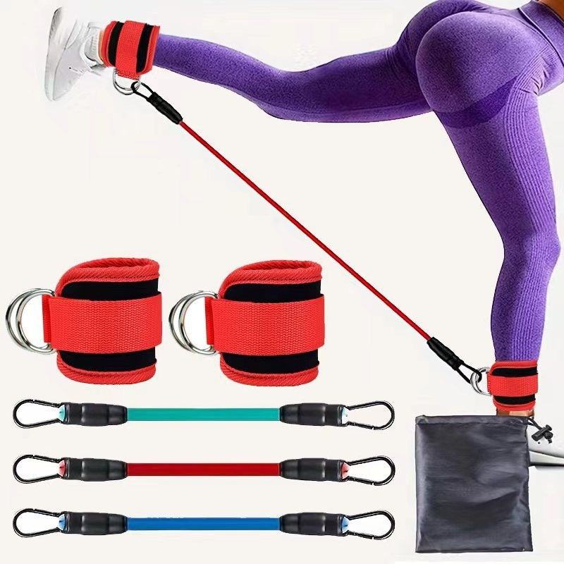 Ankle Strap Resistance Bands set featuring red adjustable ankle straps with metal D-rings and three elastic resistance tubes in green, red, and blue.