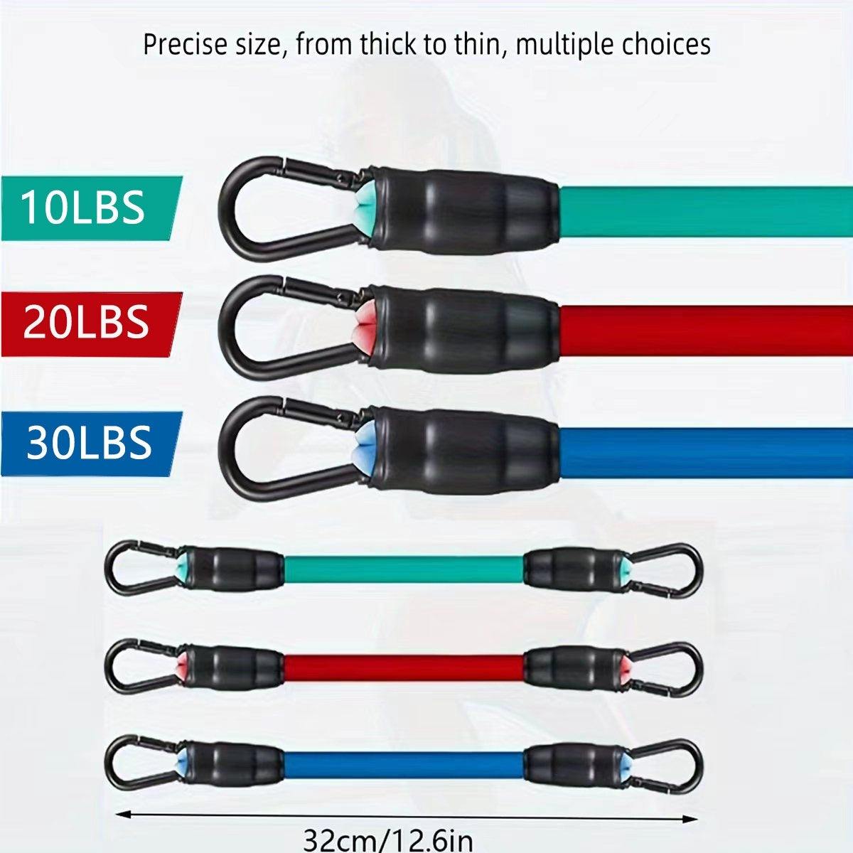Ankle Strap Resistance Bands set with three elastic bands in green, red, and blue, each with black carabiner clips, measuring 32cm for varied resistance levels