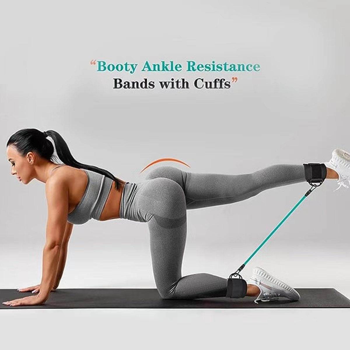 Ankle Strap Resistance Bands in black with adjustable cuffs and elastic green tubing for leg and hip strength training workouts