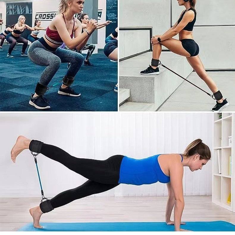 Ankle Strap Resistance Bands in black elastic with adjustable straps worn by women doing various leg and hip strength exercises indoors.