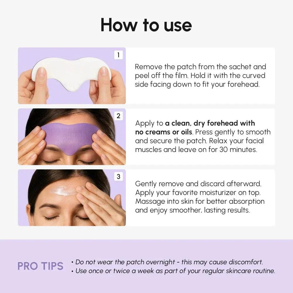 Anti-Wrinkle Forehead Patches shown as a curved purple patch, with three illustrated steps for applying and removing it