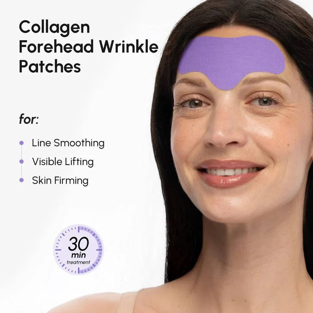 Anti-Wrinkle Forehead Patches shown as a smooth purple collagen patch worn across a woman's forehead