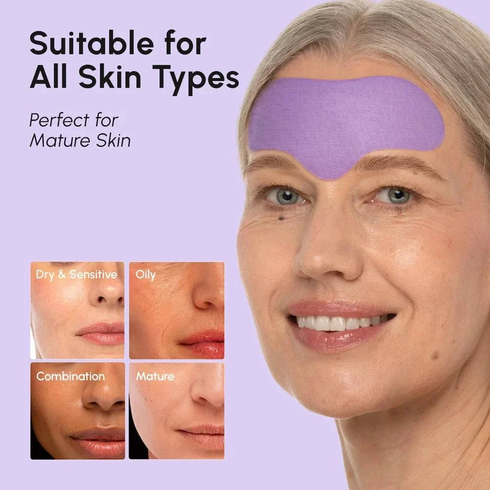 Anti-Wrinkle Forehead Patches in purple hydrogel, shown worn across a woman's forehead; suitable for all skin types