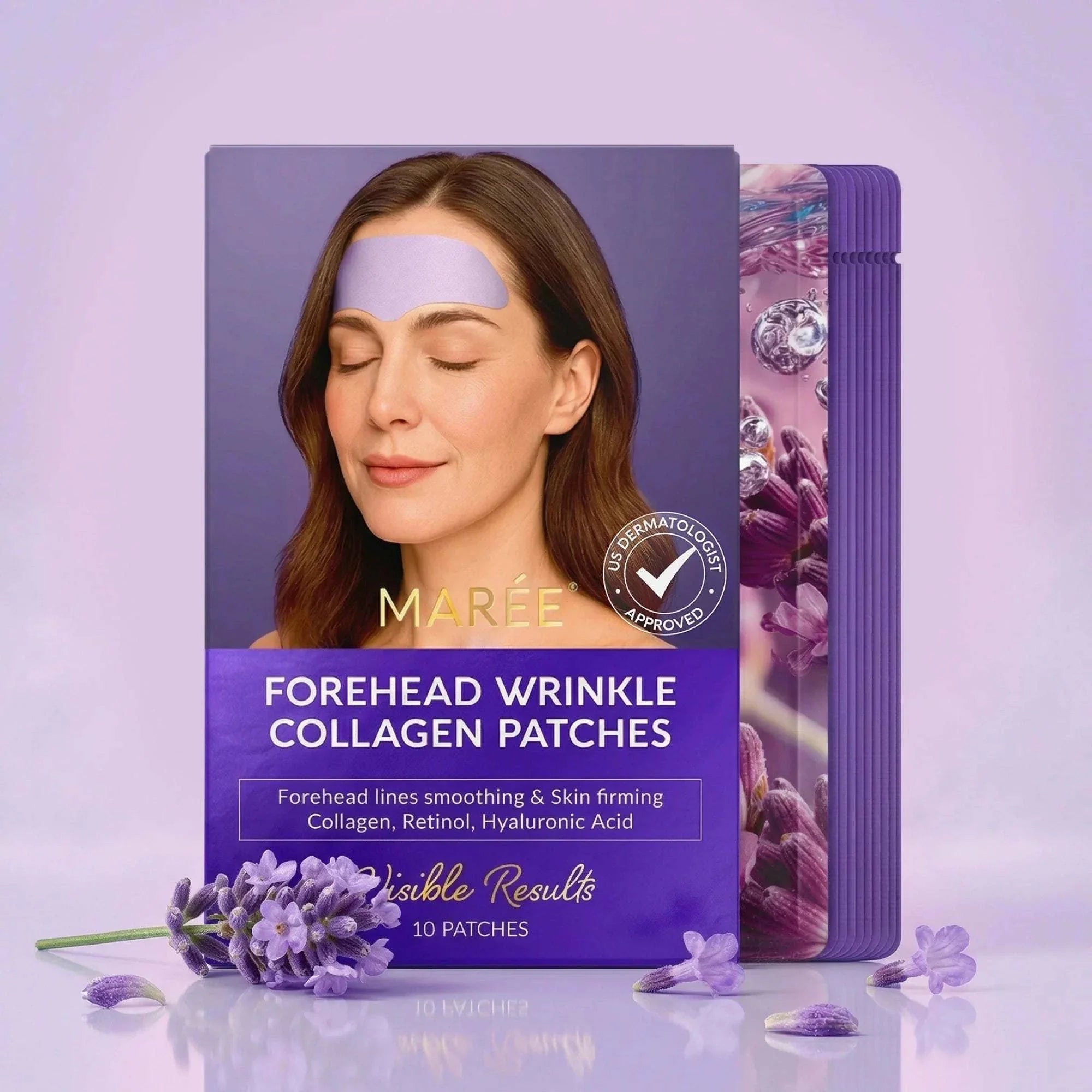 Anti-Wrinkle Forehead Patches in purple hydrogel, shown on a model and in a floral purple package with 10 patches