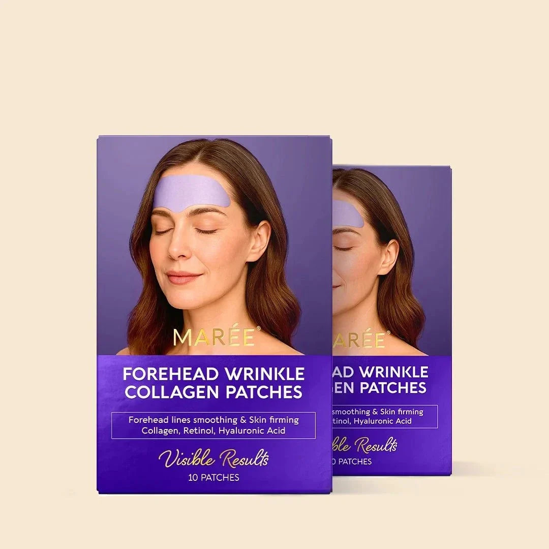 Anti-Wrinkle Forehead Patches in purple Marée boxes, showing a woman wearing a lavender forehead patch