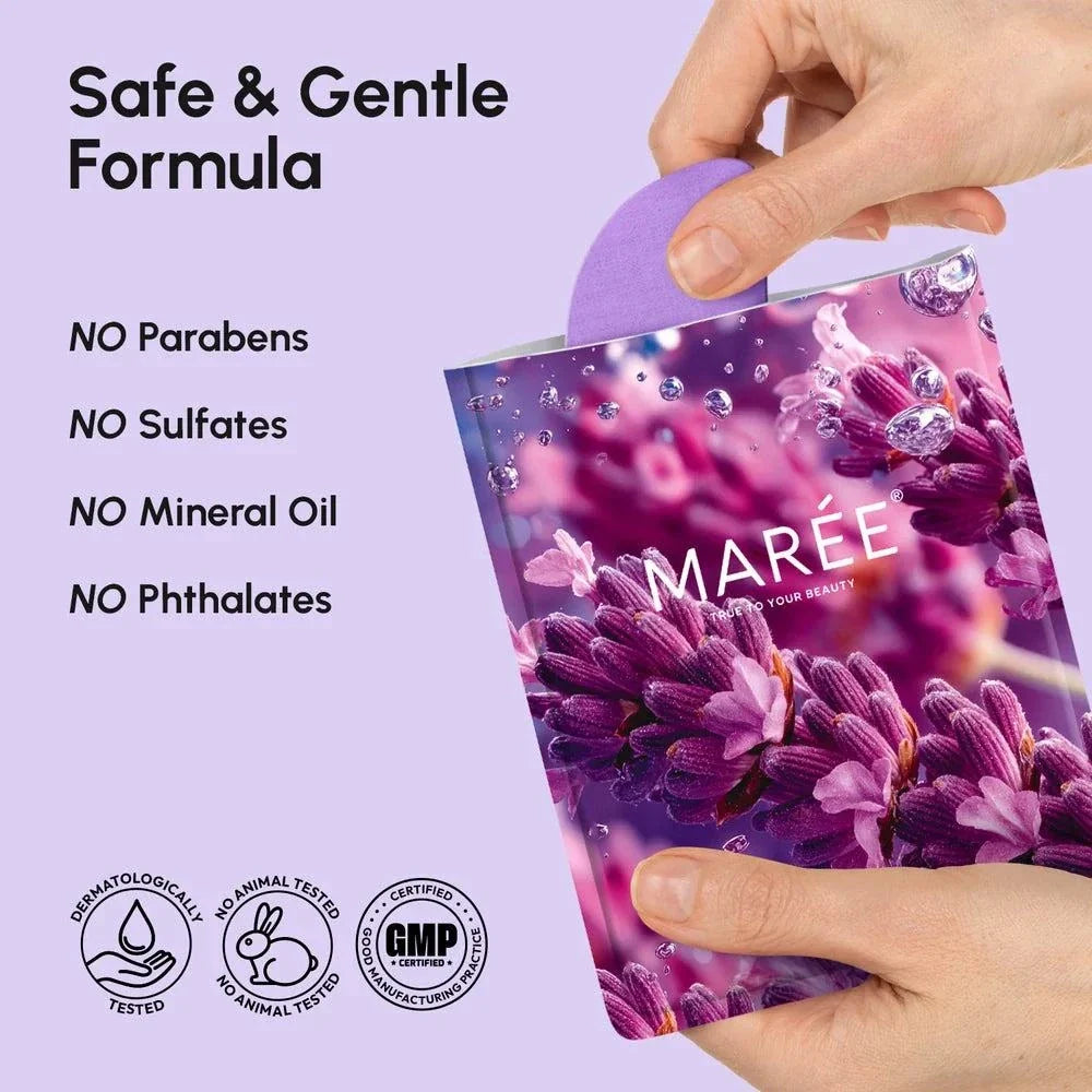 Anti-Wrinkle Forehead Patches in a purple Marée pouch with floral graphics, held by hands beside a gentle formula claim